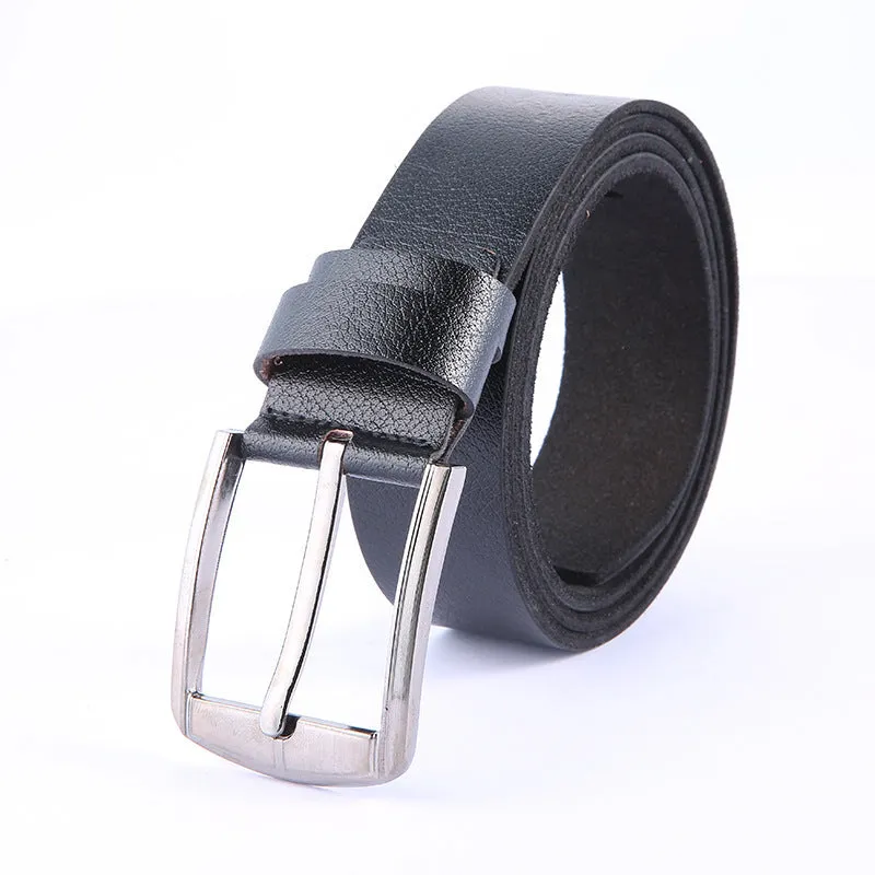 Leather pin buckle belt with metal buckle, adjustable 100-135cm, available in black, brown, and camel colours