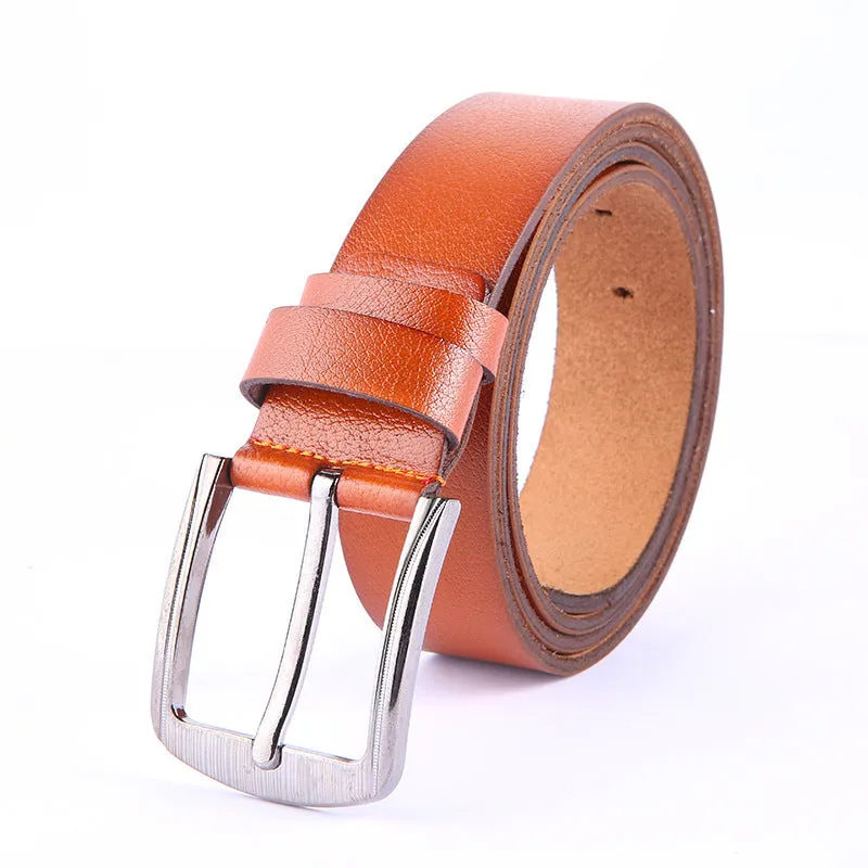 Leather pin buckle belt with metal buckle, adjustable 100-135cm, available in black, brown, and camel colours