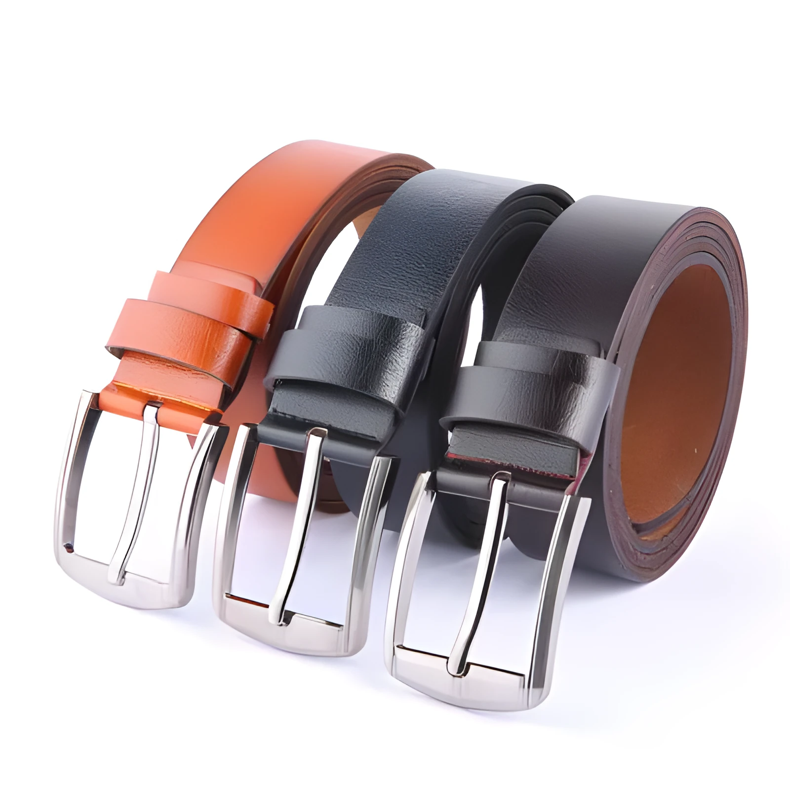 Leather pin buckle belt with metal buckle, adjustable 100-135cm, available in black, brown, and camel colours