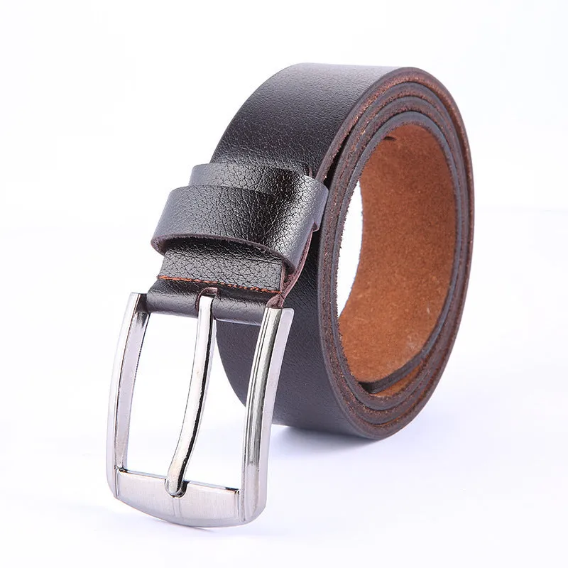 Leather pin buckle belt with metal buckle, adjustable 100-135cm, available in black, brown, and camel colours