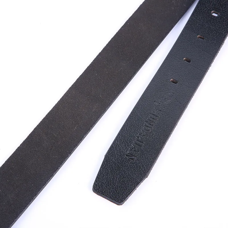 Leather pin buckle belt with metal buckle, adjustable 100-135cm, available in black, brown, and camel colours