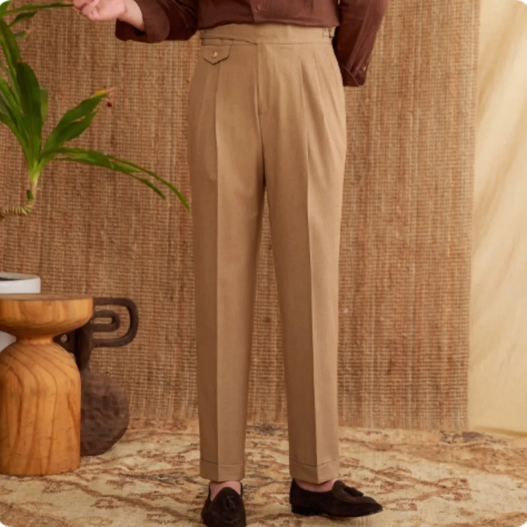 Men's slim fit straight leg business casual trousers in dark grey, light brown and light apricot colours