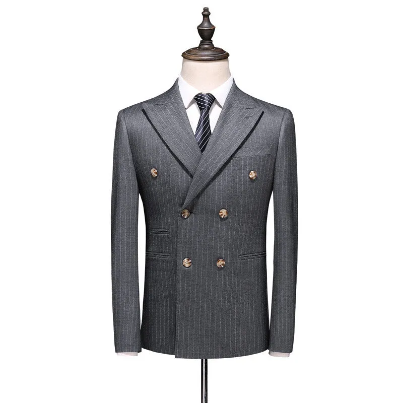 Grey men's 3 piece suit set including coat, waistcoat, and trousers made from acetate fibre