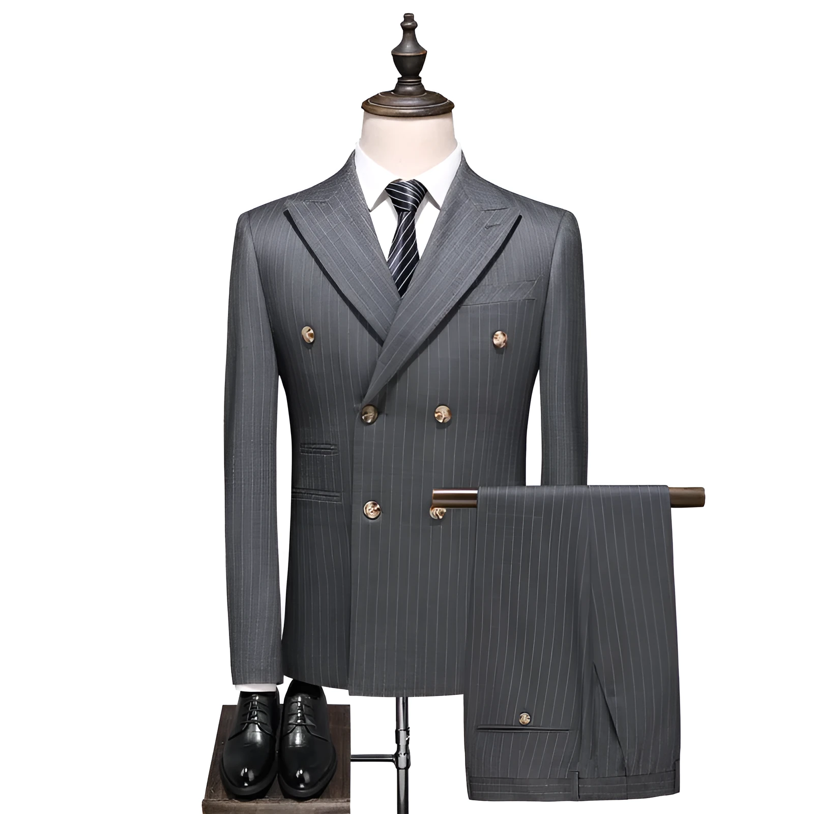 Grey men's 3 piece suit set including coat, waistcoat, and trousers made from acetate fibre