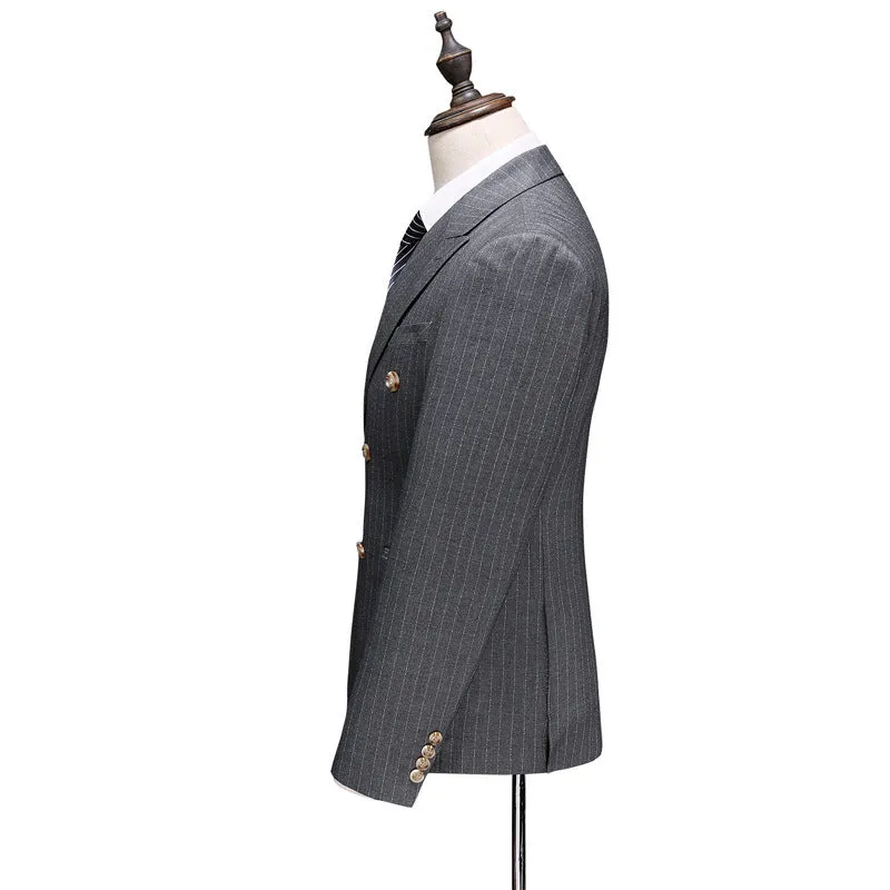 Grey men's 3 piece suit set including coat, waistcoat, and trousers made from acetate fibre