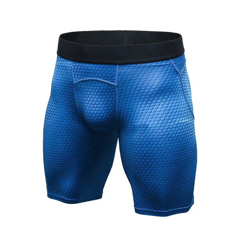 Men's black compression gym shorts with elastic waist, made from 85% polyester 15% spandex for fitness and running