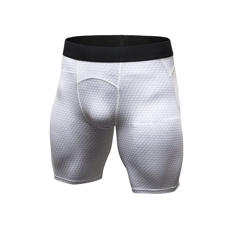 Men's black compression gym shorts with elastic waist, made from 85% polyester 15% spandex for fitness and running