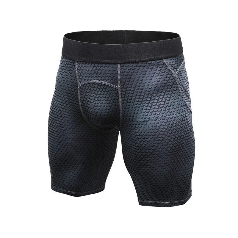 Men's black compression gym shorts with elastic waist, made from 85% polyester 15% spandex for fitness and running