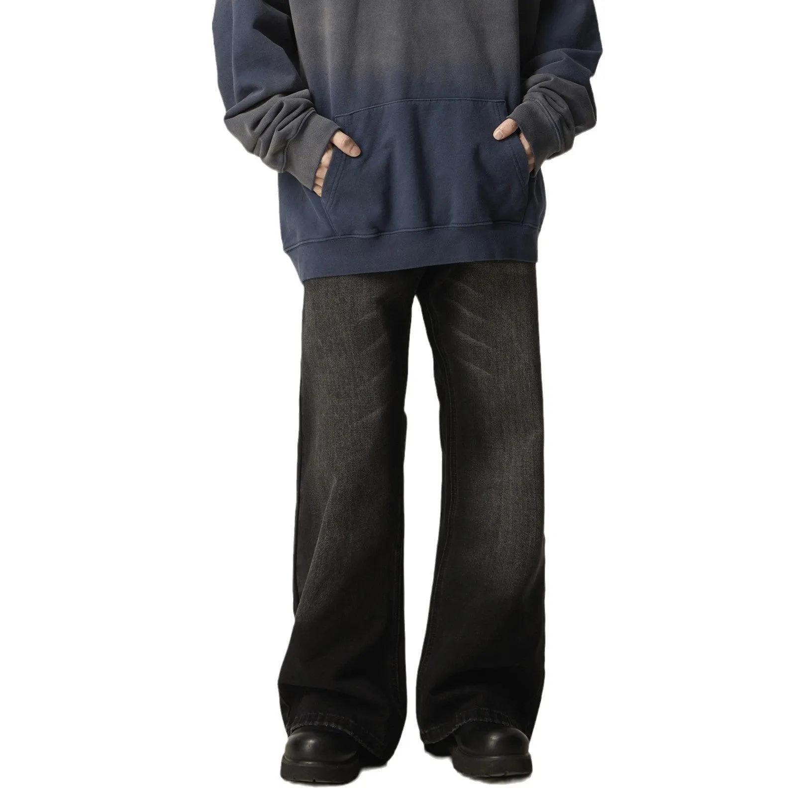 Black loose straight retro jeans showing front and back views with five-pocket design