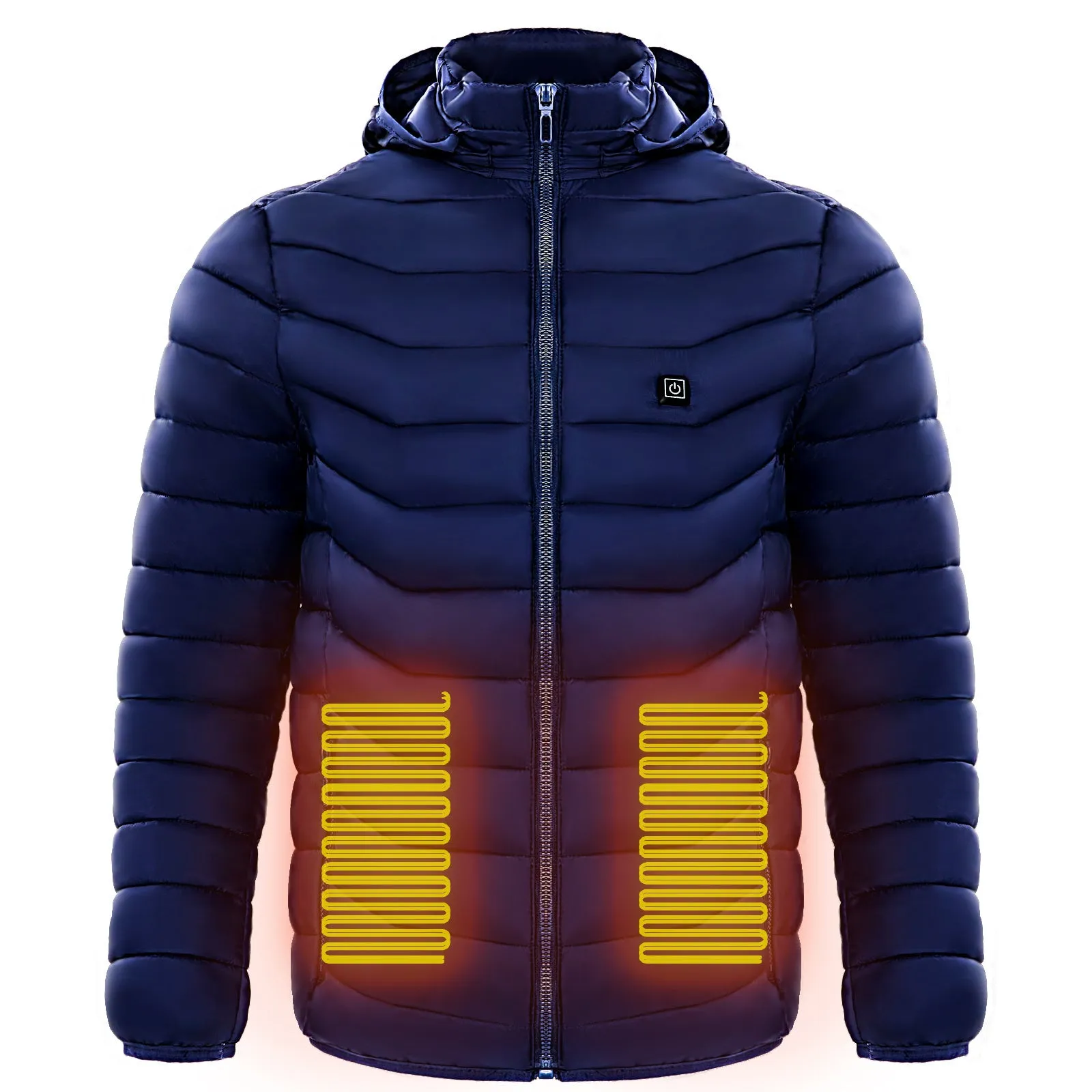 Men's heated puffer jacket in black with hood, electric heating for skiing, side view