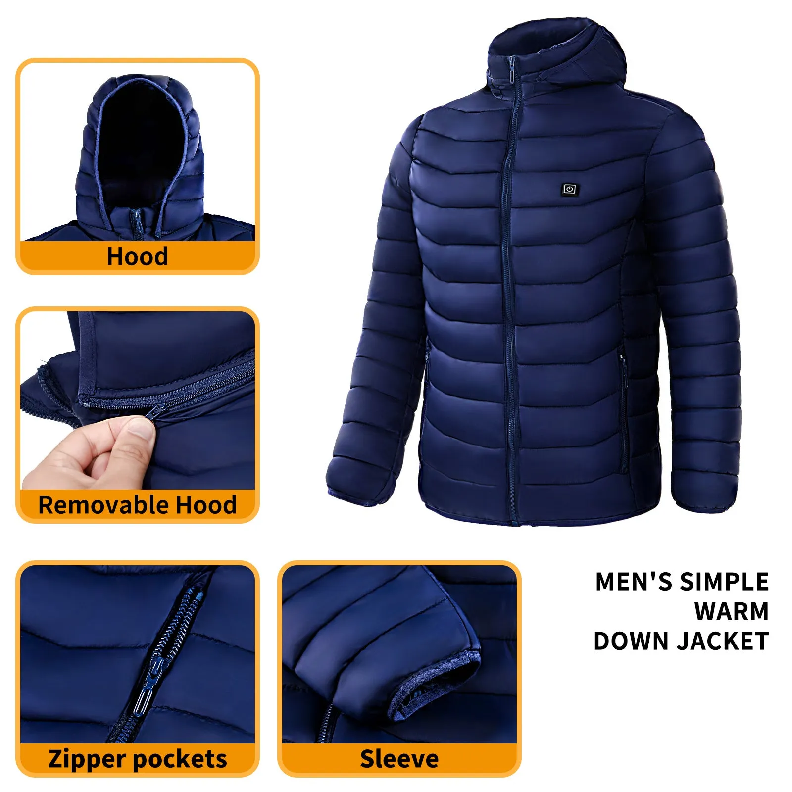 Men's heated puffer jacket in black with hood, electric heating for skiing, side view