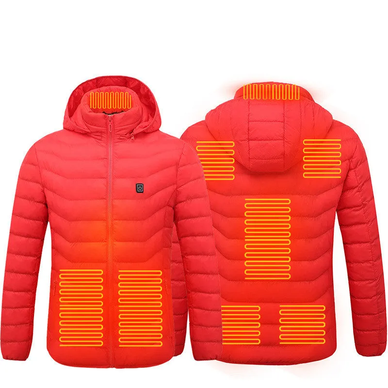 Men's heated puffer jacket in black with hood, electric heating for skiing, side view
