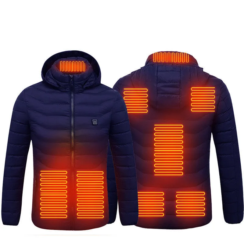 Men's heated puffer jacket in black with hood, electric heating for skiing, side view