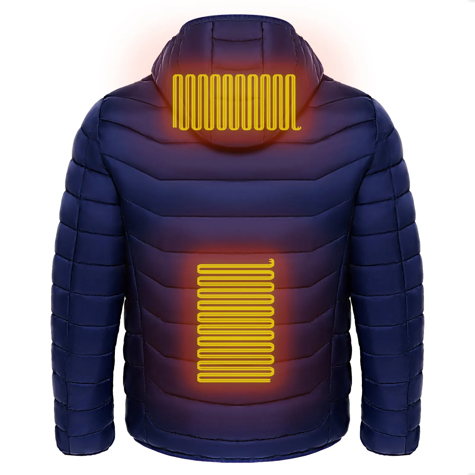 Men's heated puffer jacket in black with hood, electric heating for skiing, side view