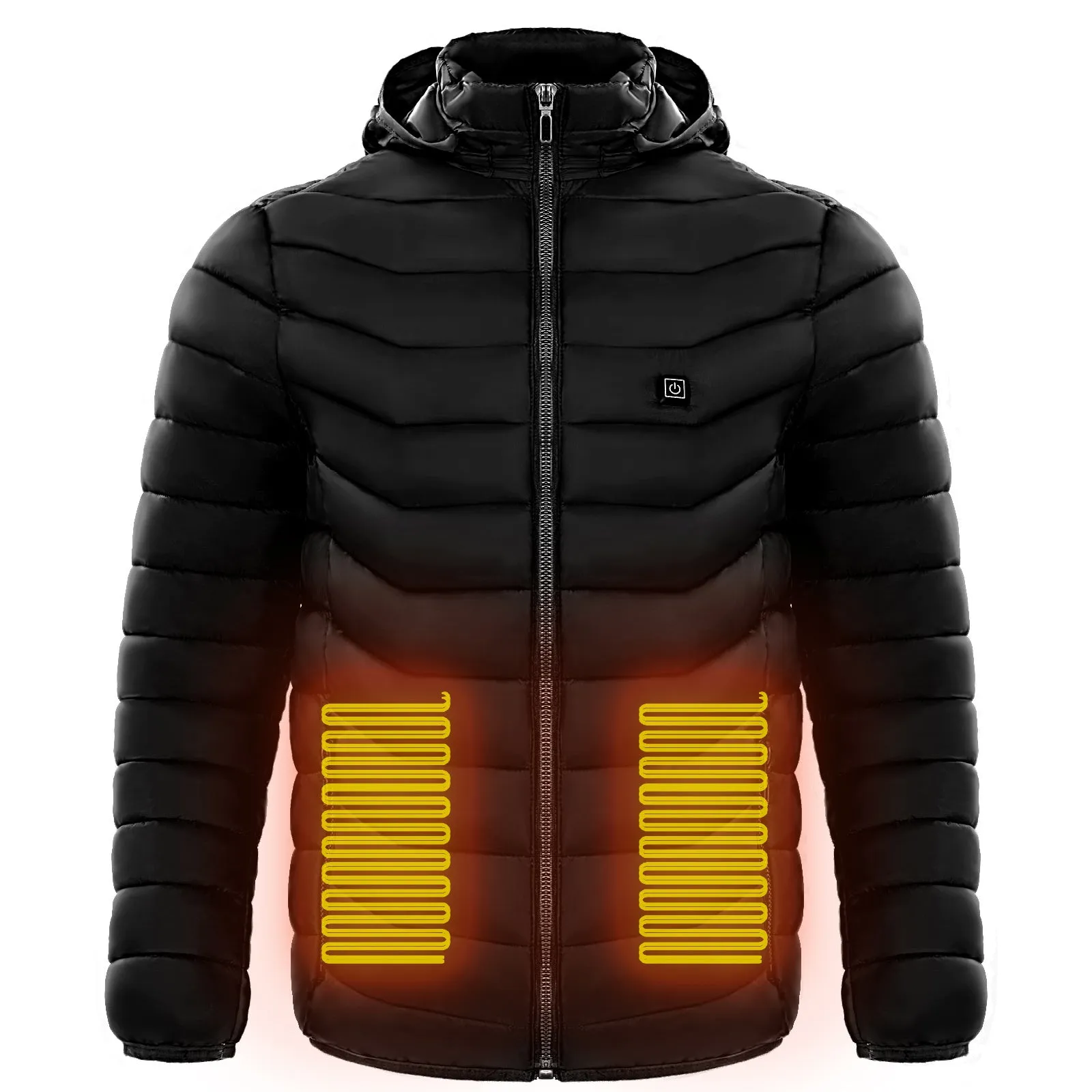 Men's heated puffer jacket in black with hood, electric heating for skiing, side view