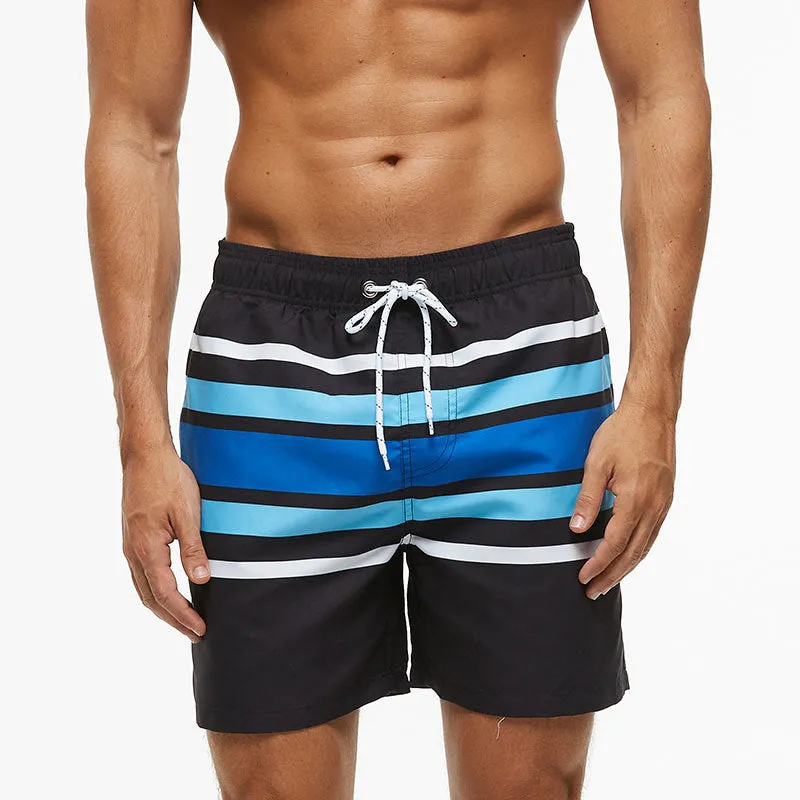 Men's quick-dry waterproof beach shorts in blue stripe pattern with fold-resistant and fade-proof fabric