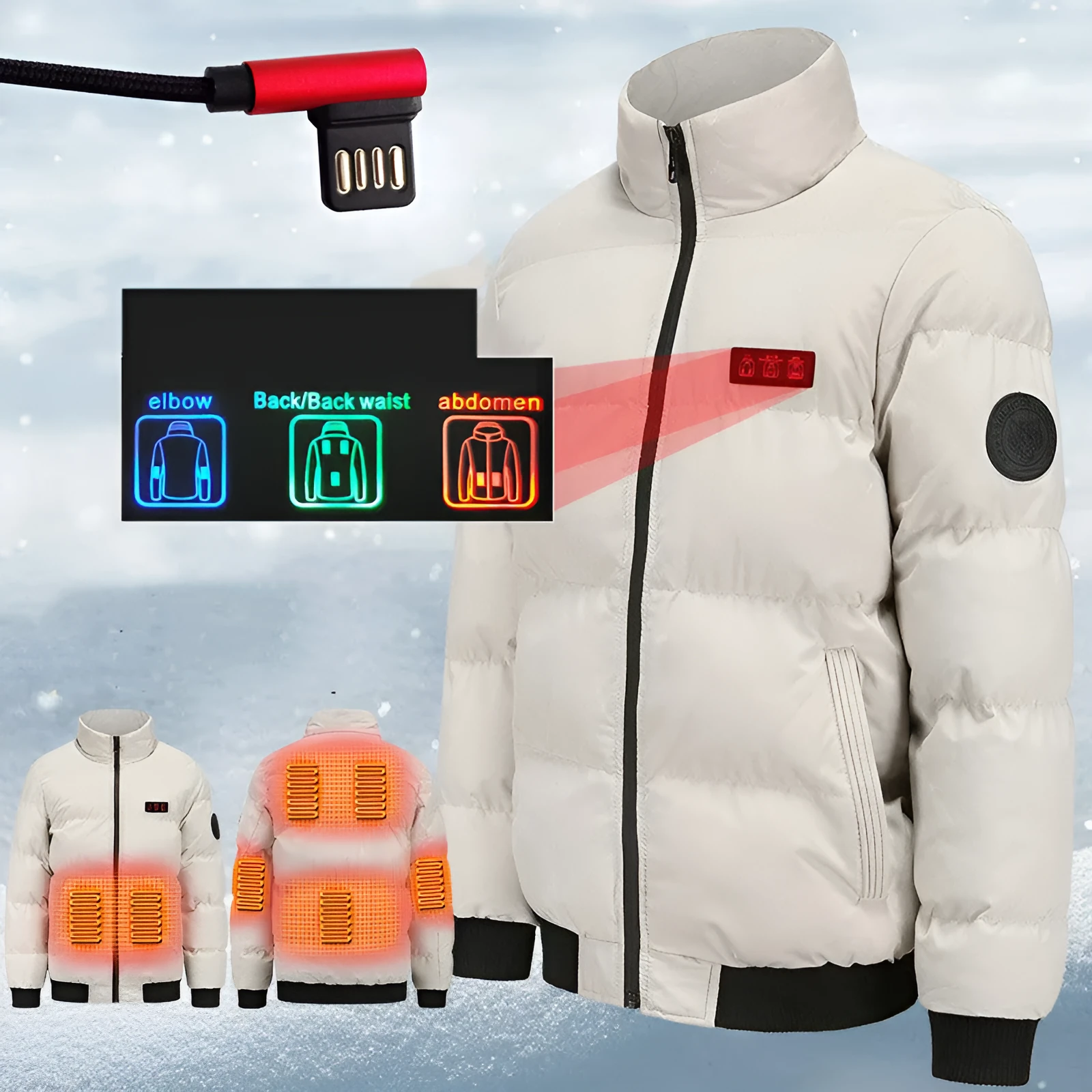 Outdoor warm heated jacket in black with cardigan style and USB heating port