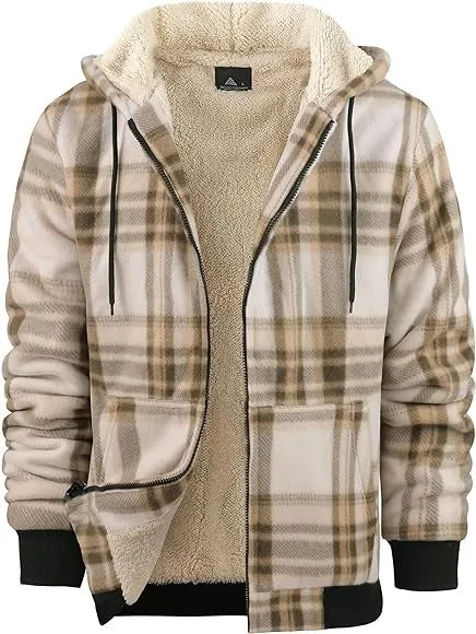Men's plaid hooded zip-up thickened cotton-padded winter jacket in blue