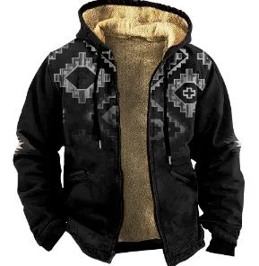 Men's plaid hooded zip-up thickened cotton-padded winter jacket in blue