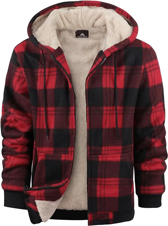 Men's plaid hooded zip-up thickened cotton-padded winter jacket in blue