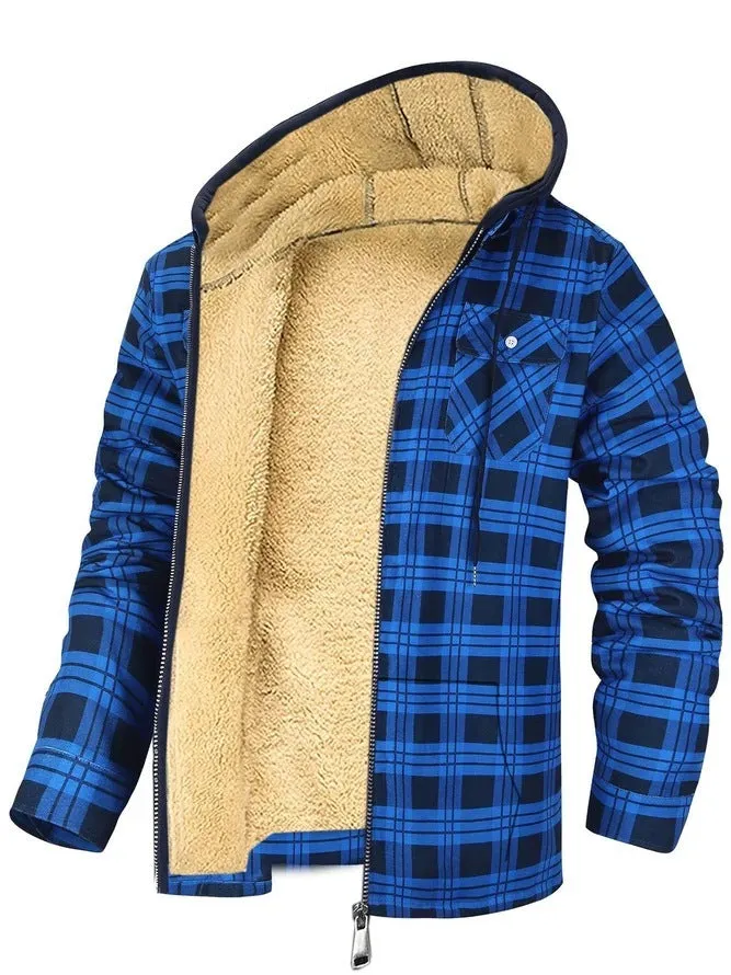 Men's plaid hooded zip-up thickened cotton-padded winter jacket in blue