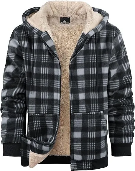 Men's plaid hooded zip-up thickened cotton-padded winter jacket in blue