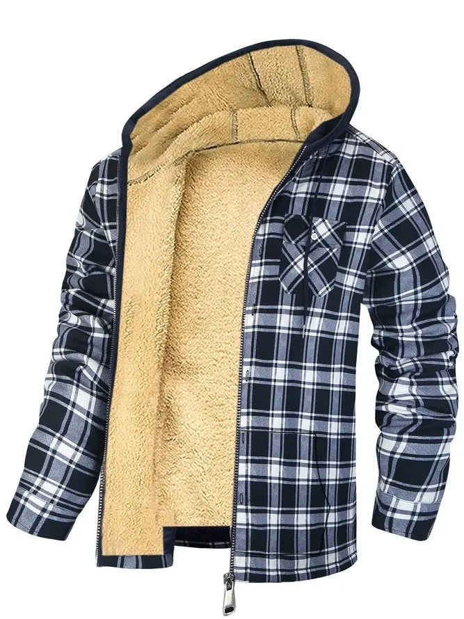 Men's plaid hooded zip-up thickened cotton-padded winter jacket in blue