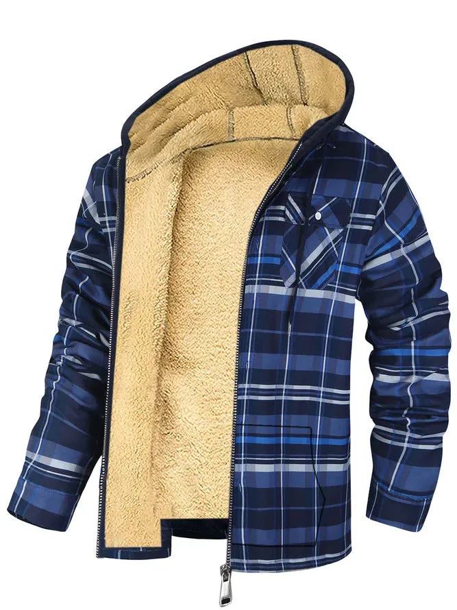 Men's plaid hooded zip-up thickened cotton-padded winter jacket in blue