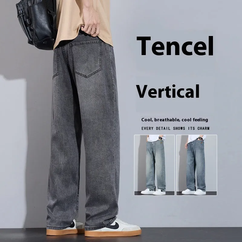 Men's straight leg trousers in ice silk denim with wide leg silhouette showing zip fly detail