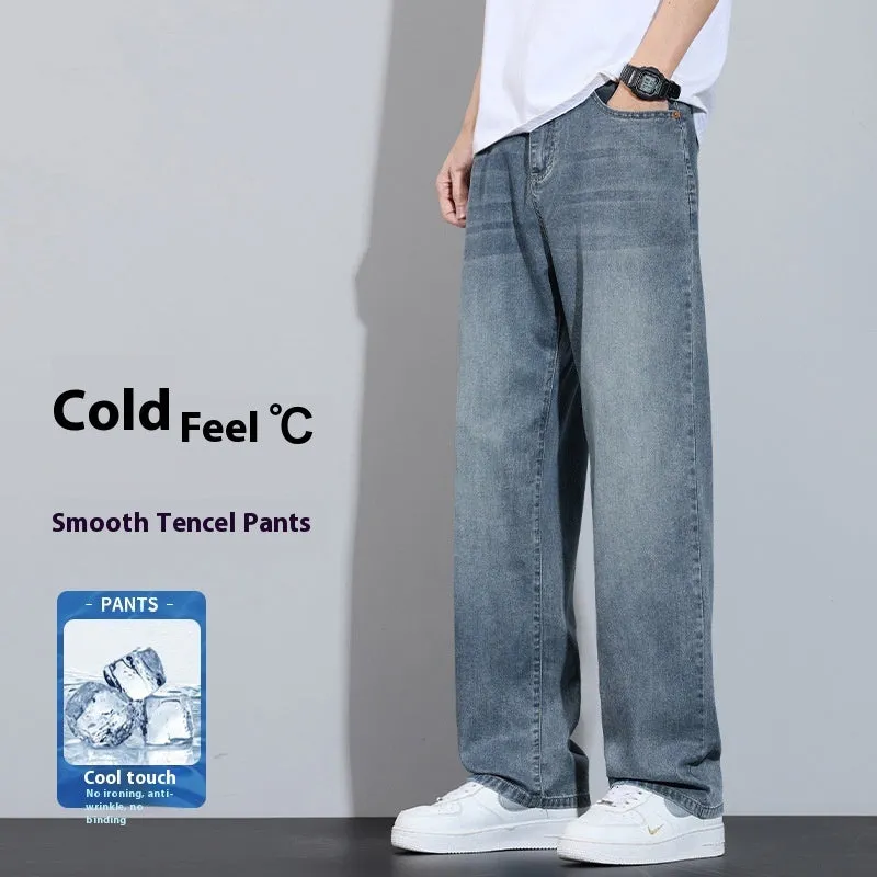 Men's straight leg trousers in ice silk denim with wide leg silhouette showing zip fly detail