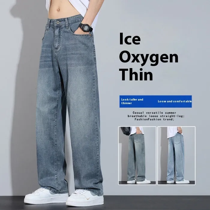 Men's straight leg trousers in ice silk denim with wide leg silhouette showing zip fly detail