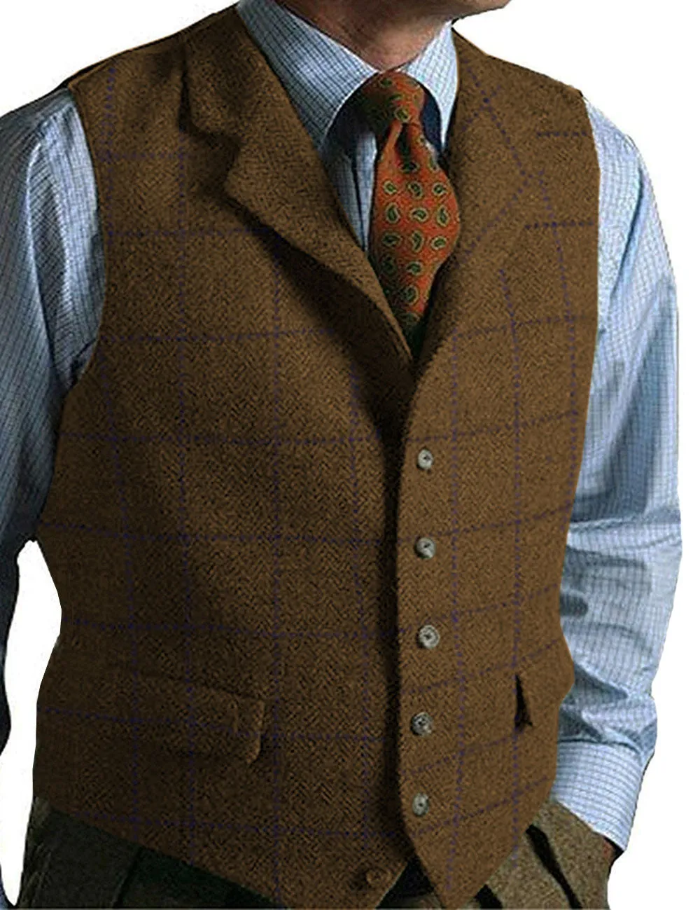 Men's army green plaid tweed gilet vest on a model, showing sleeveless wool-blend waistcoat