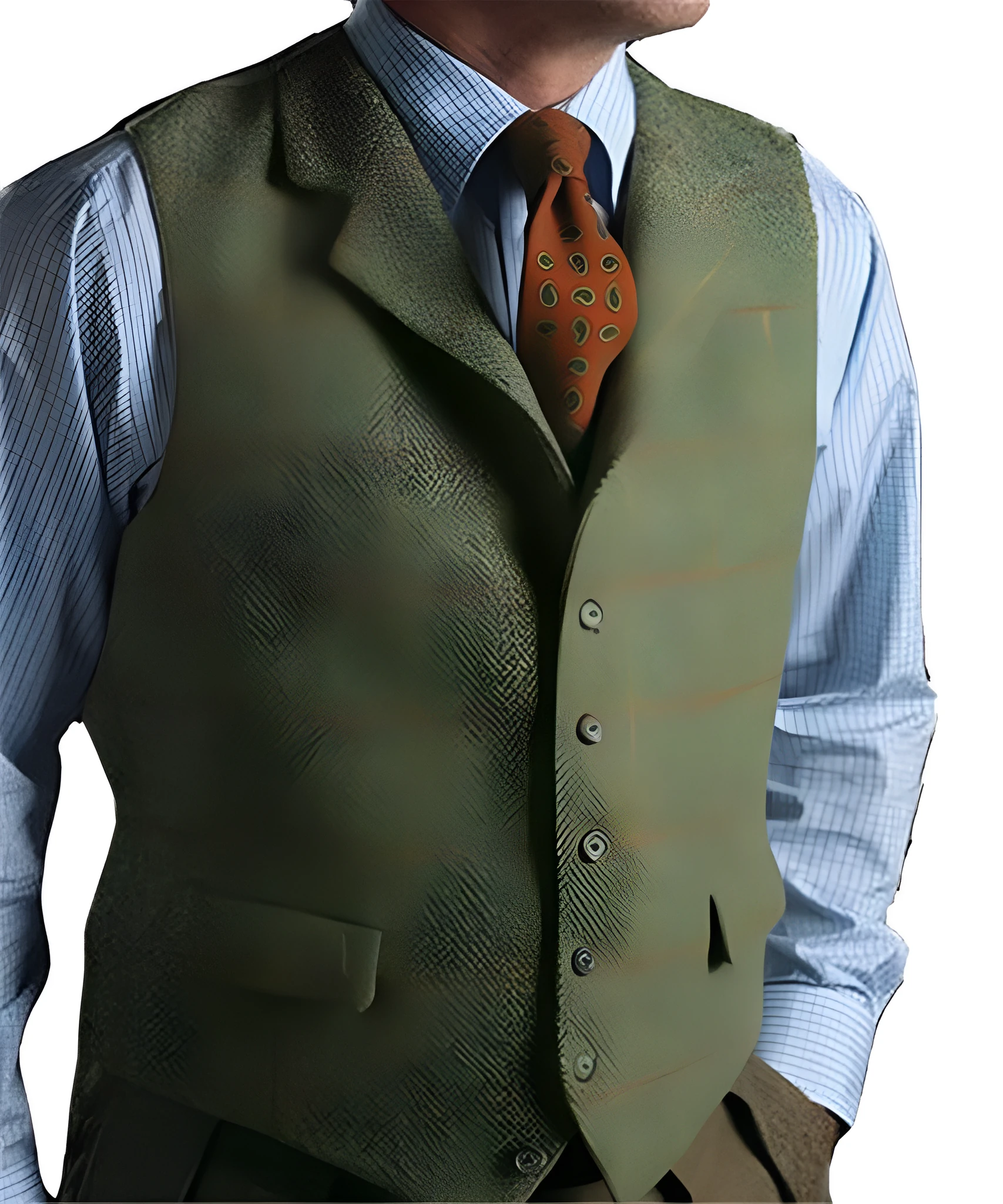 Men's army green plaid tweed gilet vest on a model, showing sleeveless wool-blend waistcoat