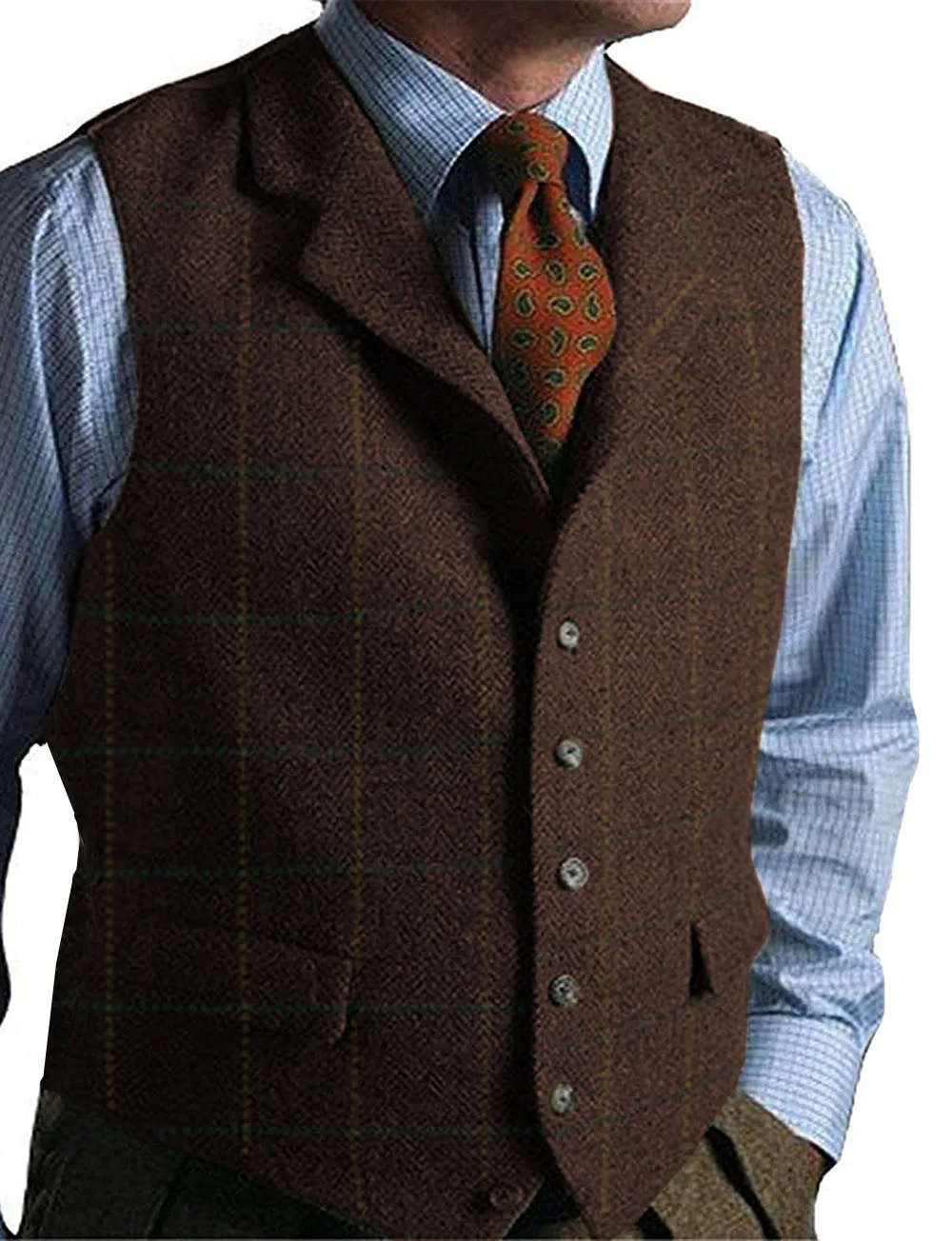 Men's army green plaid tweed gilet vest on a model, showing sleeveless wool-blend waistcoat