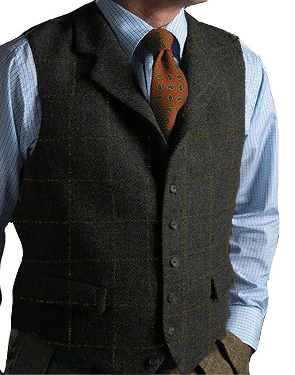 Men's army green plaid tweed gilet vest on a model, showing sleeveless wool-blend waistcoat