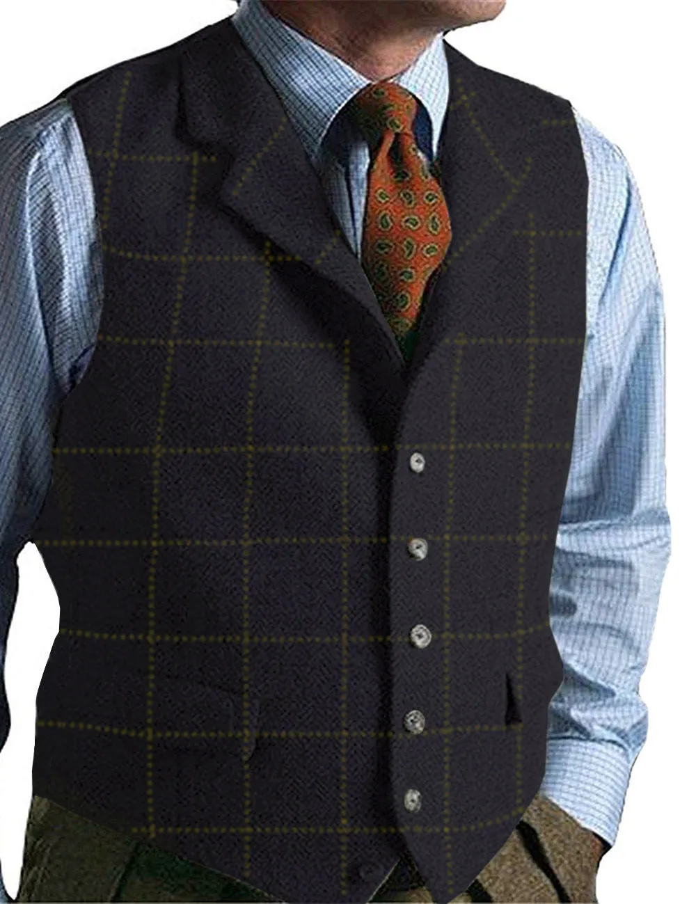 Men's army green plaid tweed gilet vest on a model, showing sleeveless wool-blend waistcoat