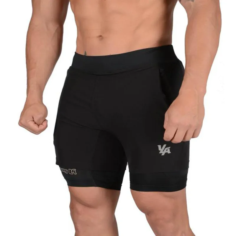 Men's double-layer 2-in-1 running shorts in black with phone pocket, quick-dry fabric for summer training