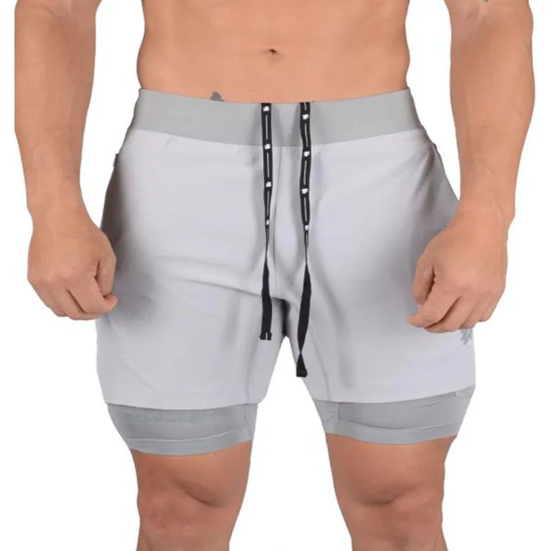 Men's double-layer 2-in-1 running shorts in black with phone pocket, quick-dry fabric for summer training