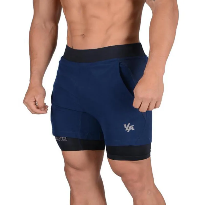 Men's double-layer 2-in-1 running shorts in black with phone pocket, quick-dry fabric for summer training