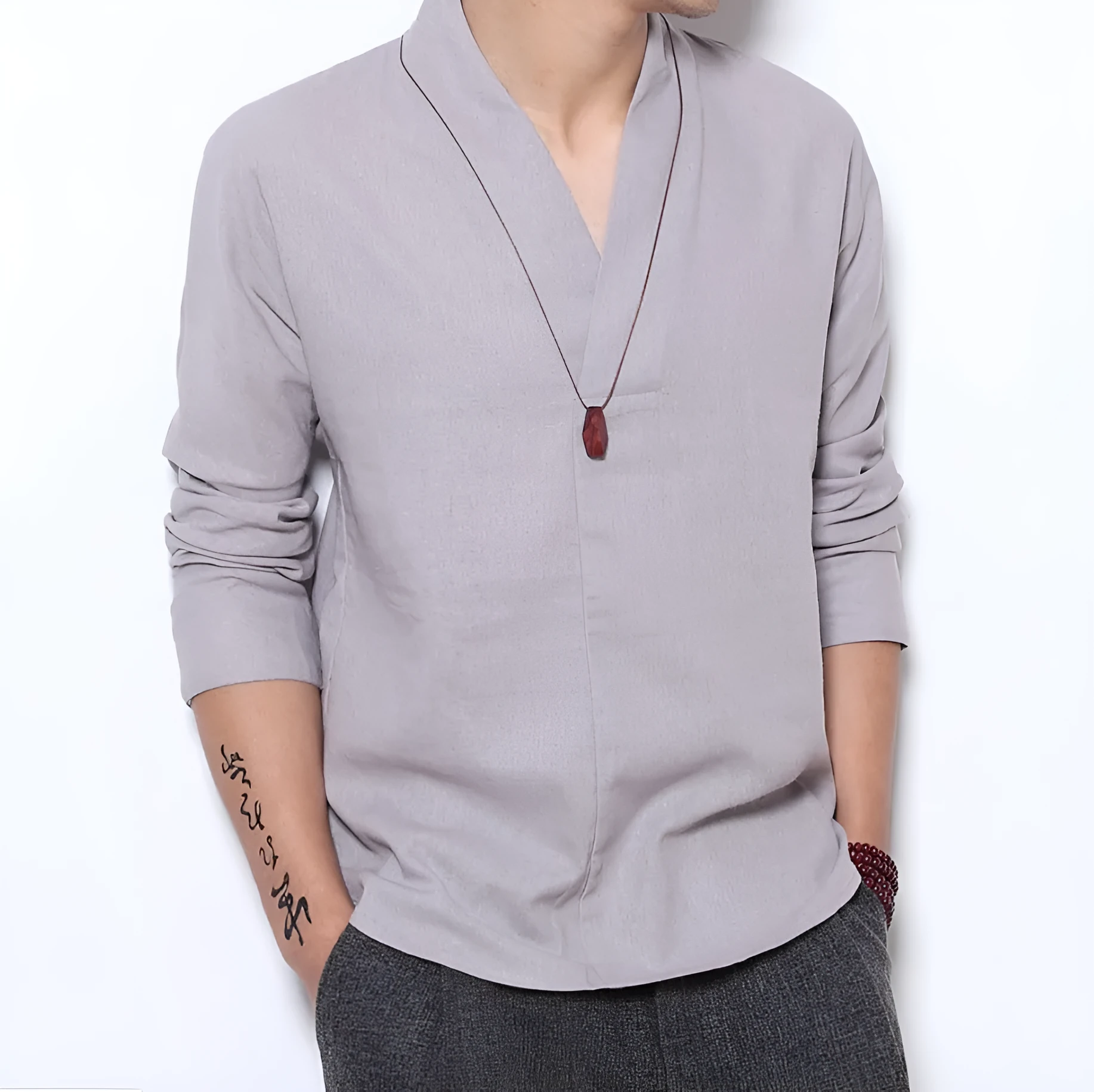 Men's long-sleeved retro linen blend shirt with stand collar in plain gray, loose fit, size M to 5XL
