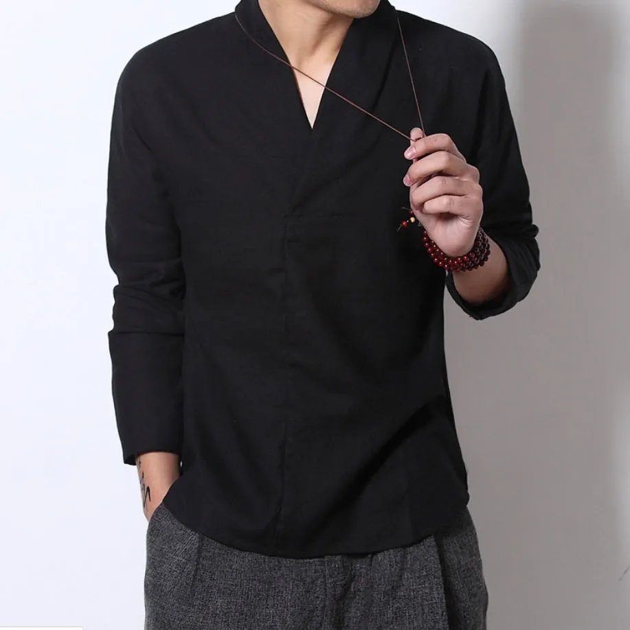 Men's long-sleeved retro linen blend shirt with stand collar in plain gray, loose fit, size M to 5XL