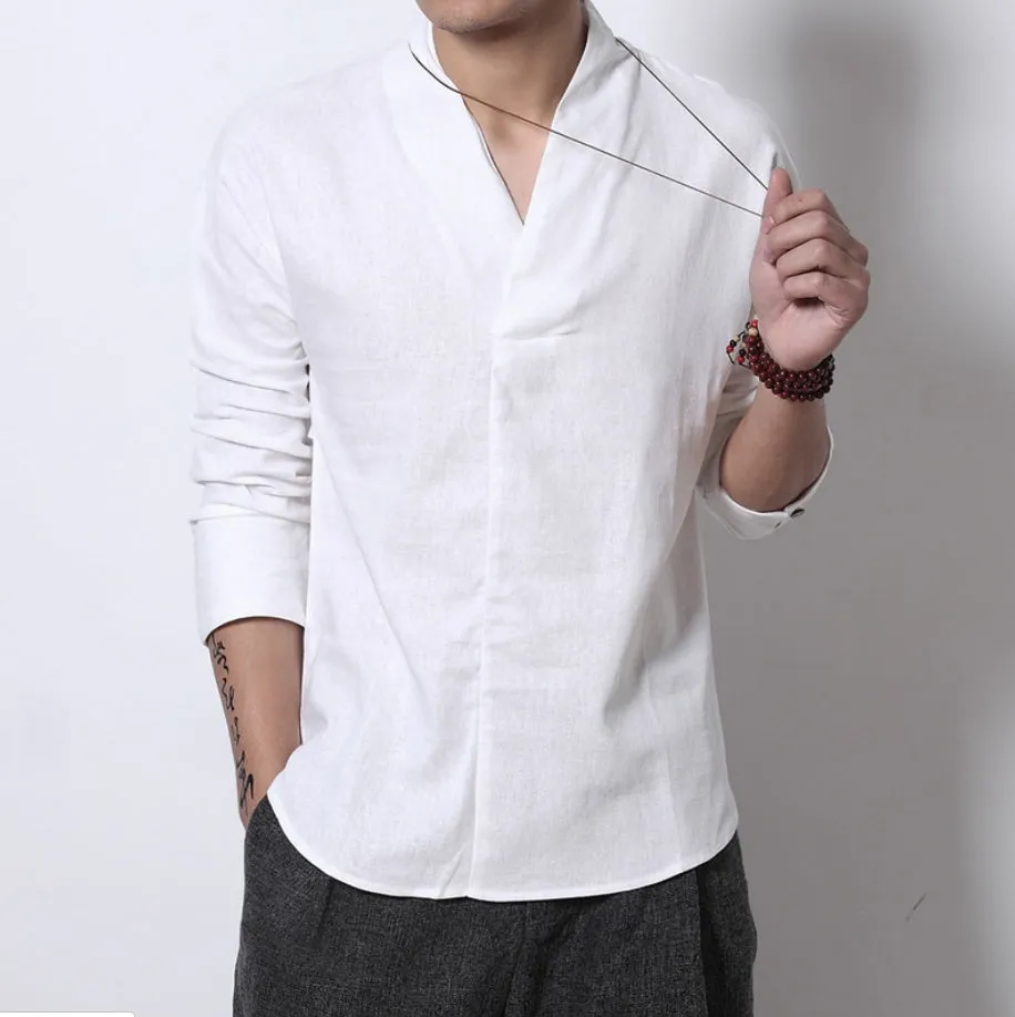 Men's long-sleeved retro linen blend shirt with stand collar in plain gray, loose fit, size M to 5XL