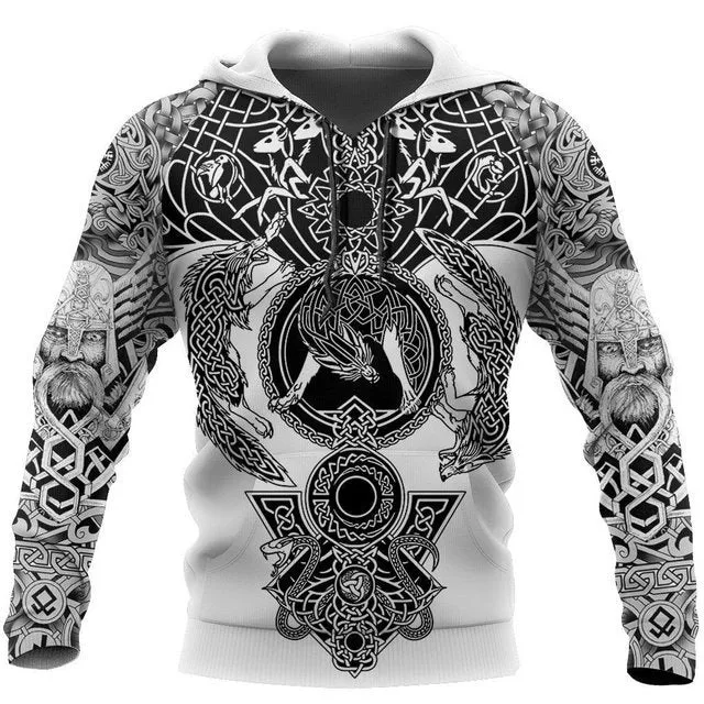 Men's cool animal-print street hoodie pullover with long sleeves and round collar in polyester fabric