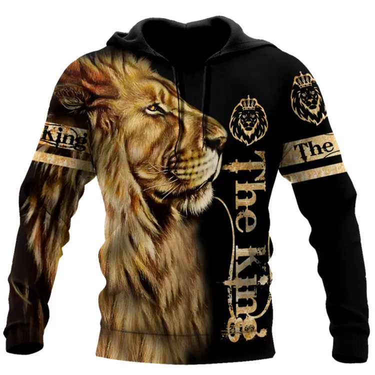 Men's cool animal-print street hoodie pullover with long sleeves and round collar in polyester fabric