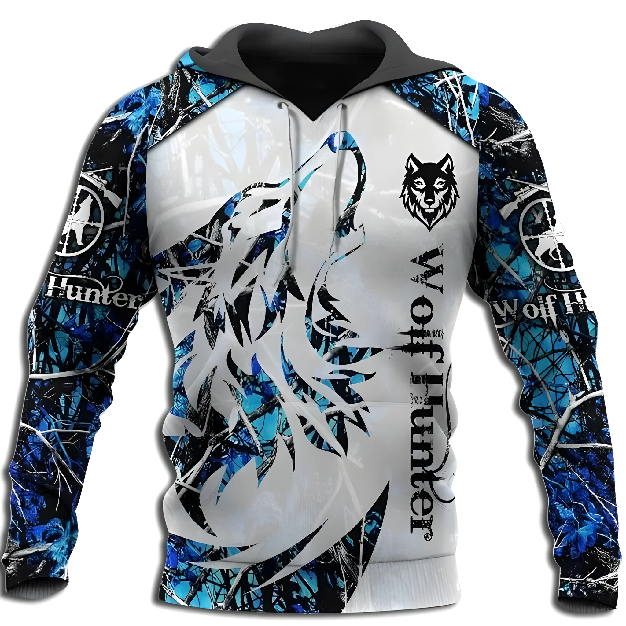 Men's cool animal-print street hoodie pullover with long sleeves and round collar in polyester fabric