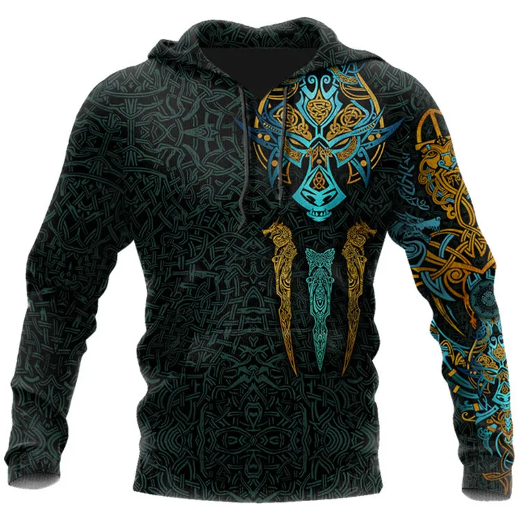 Men's cool animal-print street hoodie pullover with long sleeves and round collar in polyester fabric