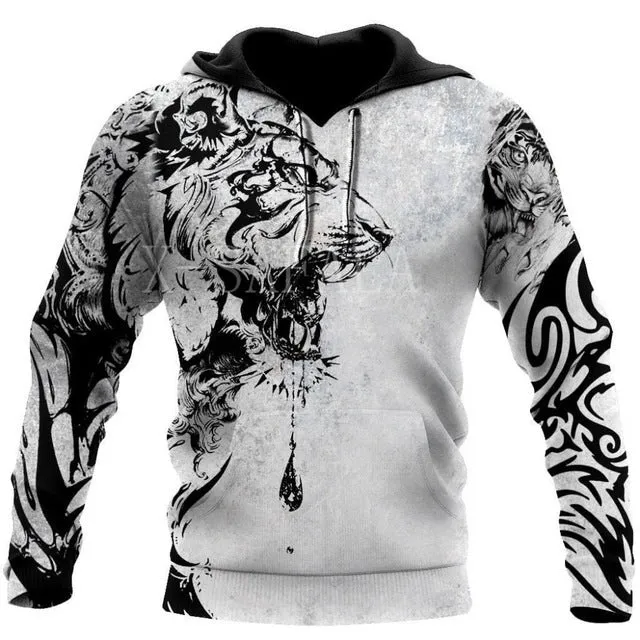 Men's cool animal-print street hoodie pullover with long sleeves and round collar in polyester fabric