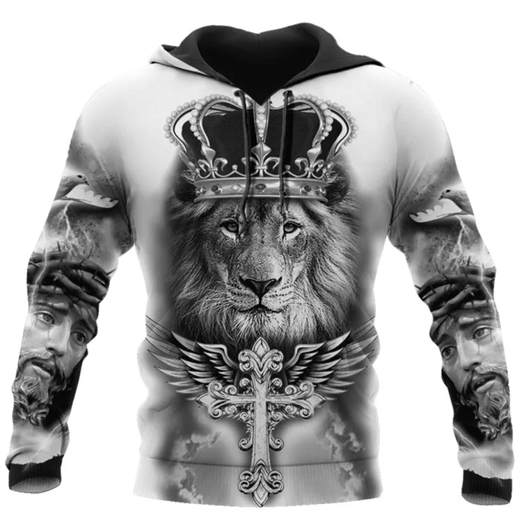 Men's cool animal-print street hoodie pullover with long sleeves and round collar in polyester fabric