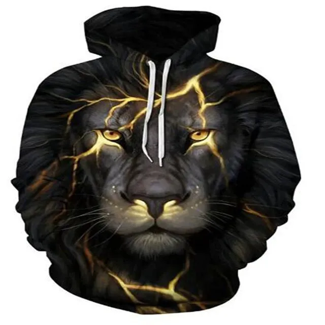Men's cool animal-print street hoodie pullover with long sleeves and round collar in polyester fabric