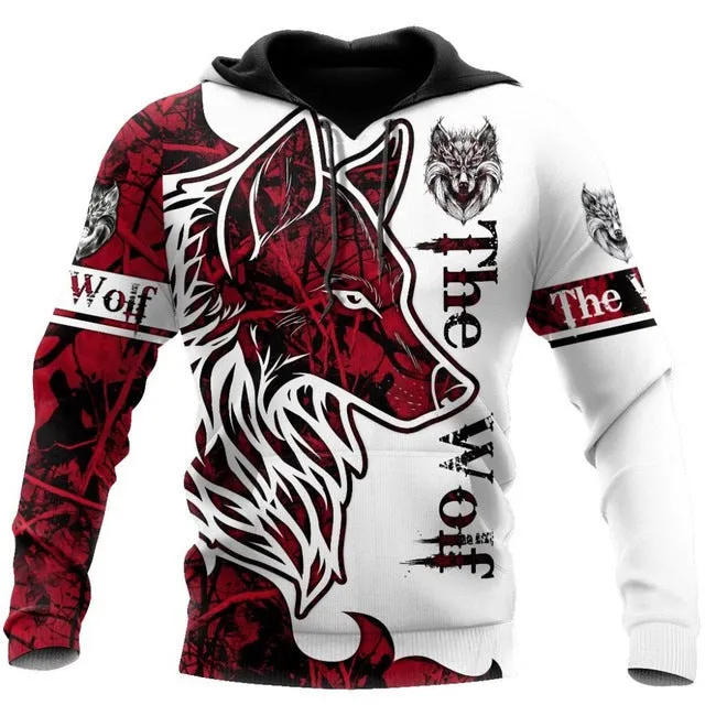 Men's cool animal-print street hoodie pullover with long sleeves and round collar in polyester fabric